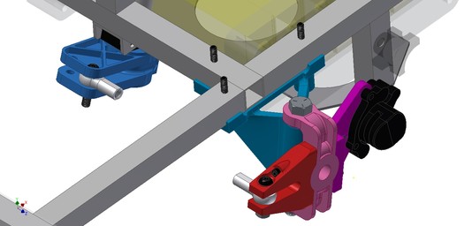 A CAD model of the new 3D printed steering knuckle parts in assembly.