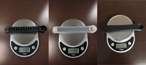 A weight comparison of the injection molded, nylon, and Onyx drone arms.
